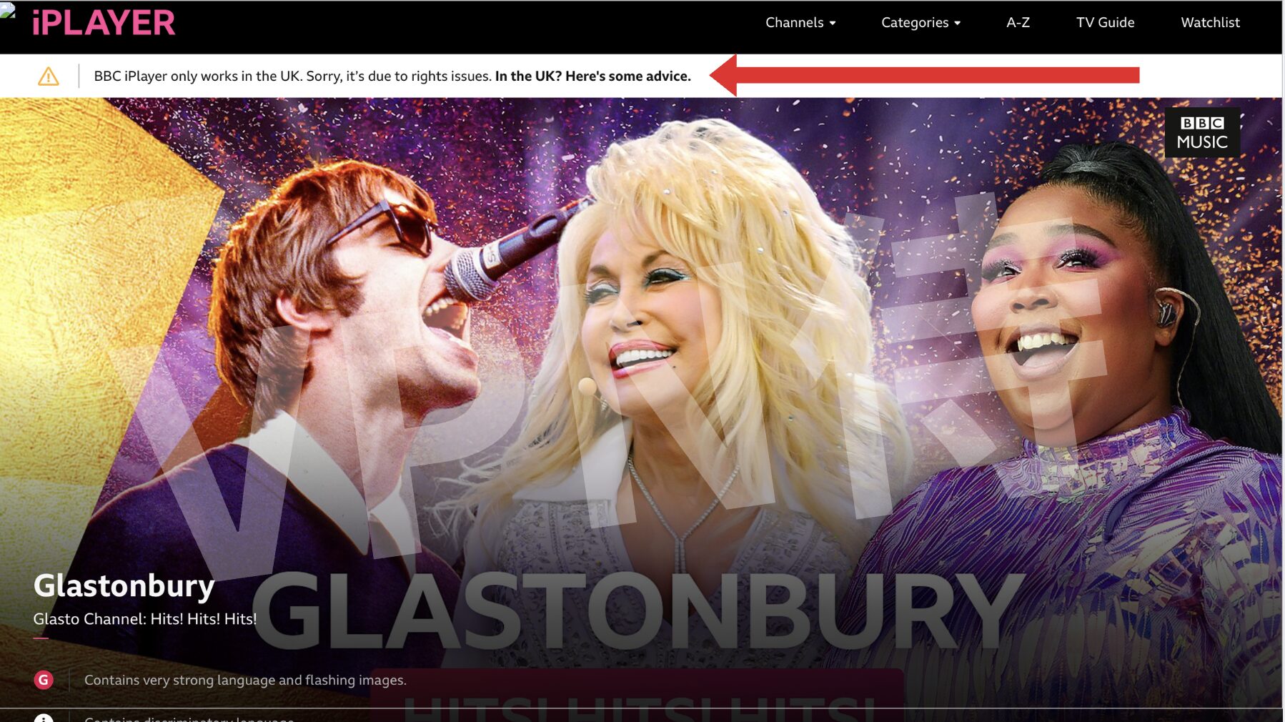 BBC iPlayerのグラストンベリーのページにVPNなしでアクセスした際の画面
